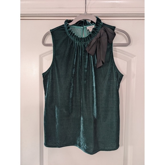 J. Crew Women's Velvet Ruffle Mock Neck Sleeveless Top w/ Bow Green M - Picture 1 of 6